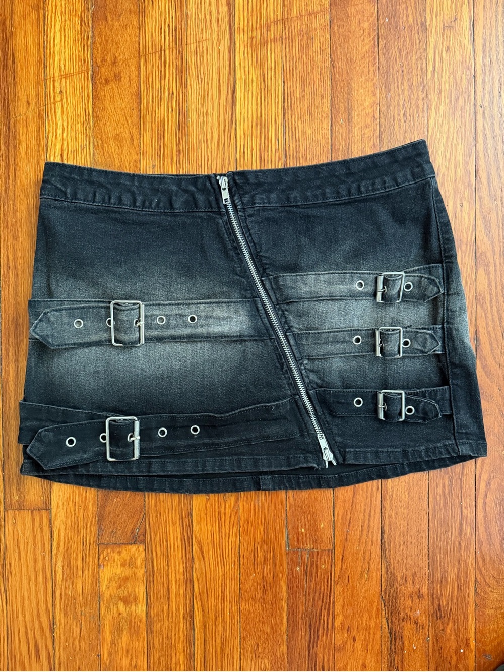 Black Buckle Detail Denim Mini Skirt